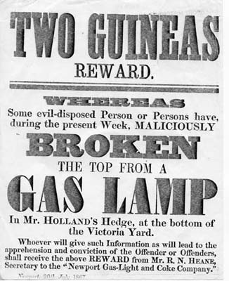 Poster re reward for information on crime of damage to a gas lamp.